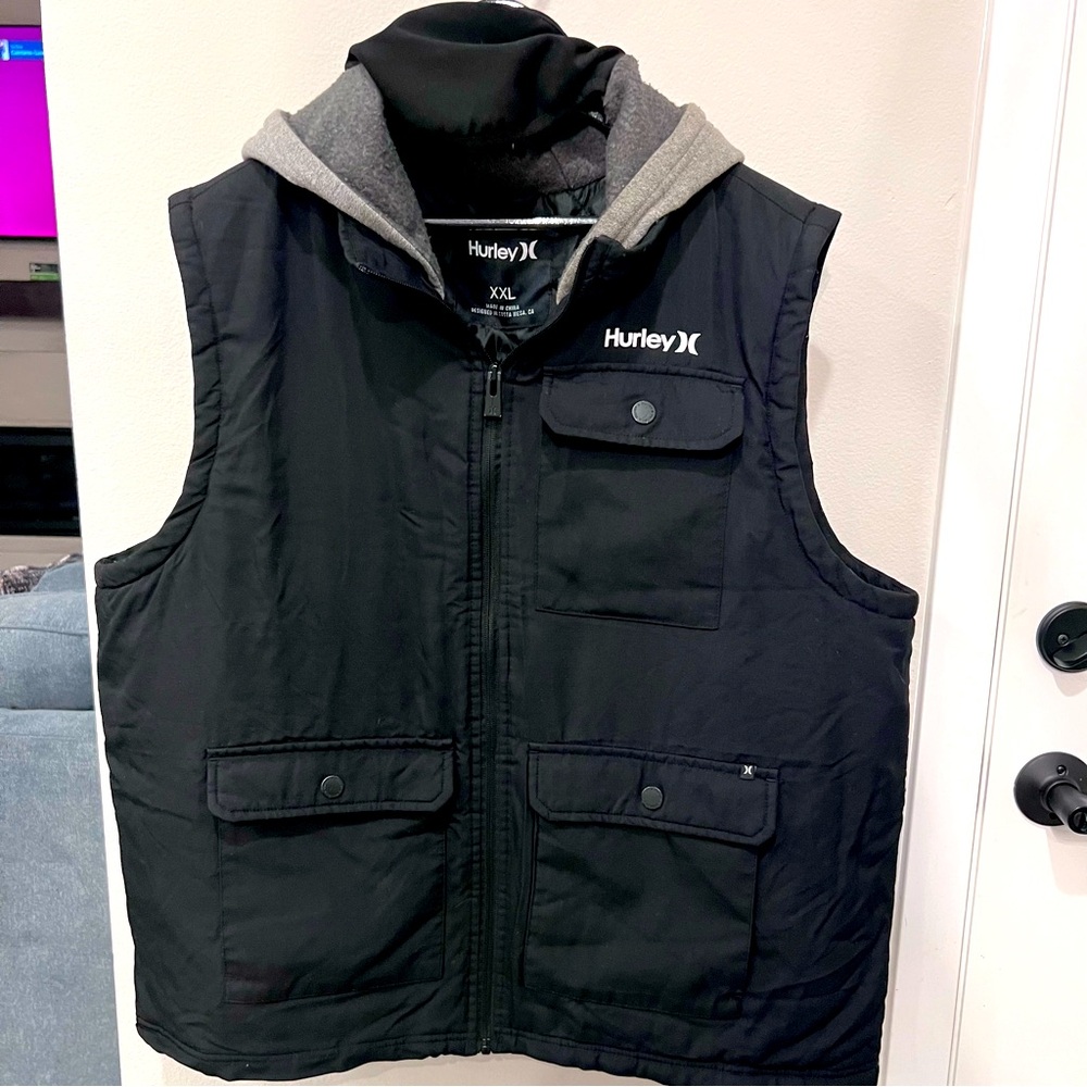 Hurley Lined Hooded Vest, Black Nylon Utility Pockets, Full Zip, Face Mask (XXL)